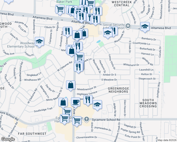 map of restaurants, bars, coffee shops, grocery stores, and more near 3251 Amber Court in Fort Worth