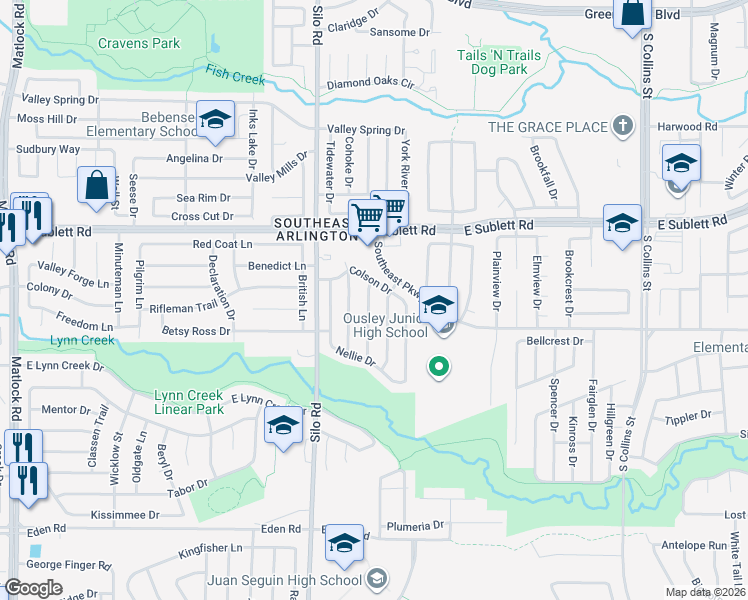 map of restaurants, bars, coffee shops, grocery stores, and more near 6407 Jennie Lane in Arlington