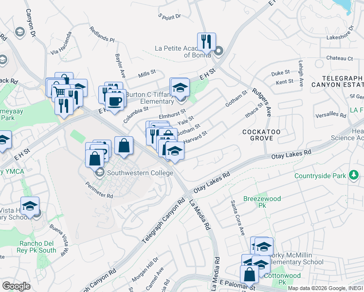 map of restaurants, bars, coffee shops, grocery stores, and more near 1670 Gotham Street in Chula Vista