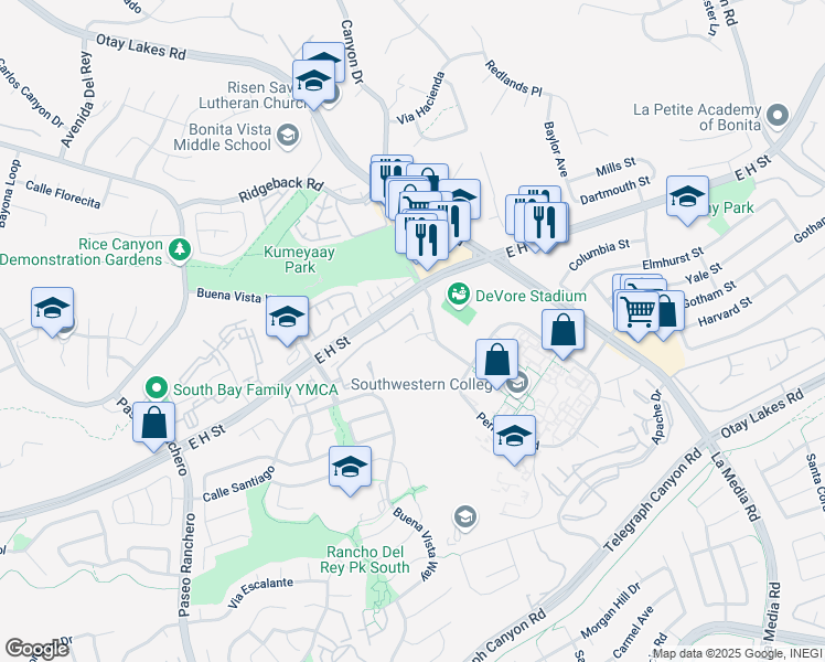 map of restaurants, bars, coffee shops, grocery stores, and more near 1435 Eagle Peak Court in Chula Vista