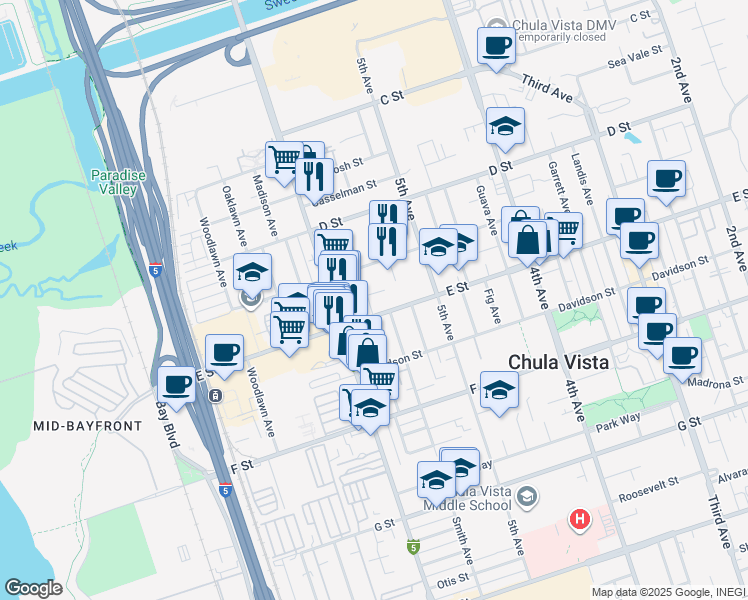 map of restaurants, bars, coffee shops, grocery stores, and more near 540 Flower Street in Chula Vista