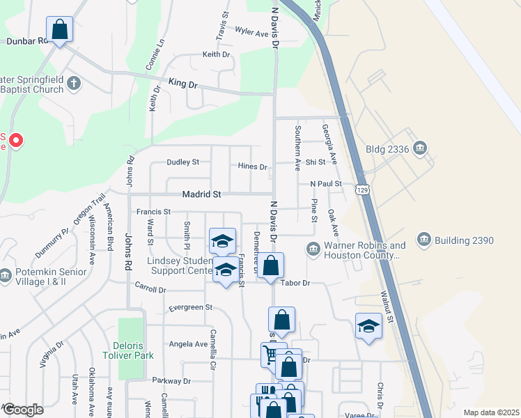 map of restaurants, bars, coffee shops, grocery stores, and more near 737 North Davis Drive in Warner Robins