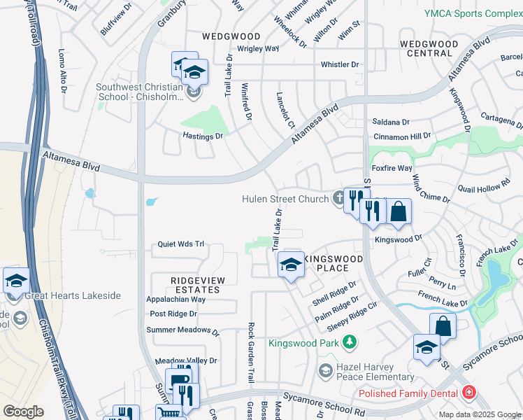 map of restaurants, bars, coffee shops, grocery stores, and more near 7100 Trail Lake Drive in Fort Worth