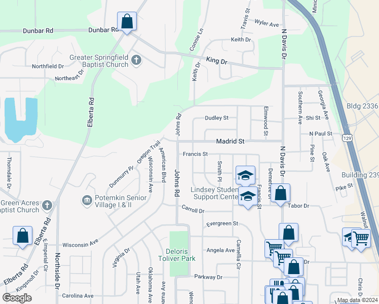 map of restaurants, bars, coffee shops, grocery stores, and more near 301 Ward Street in Warner Robins