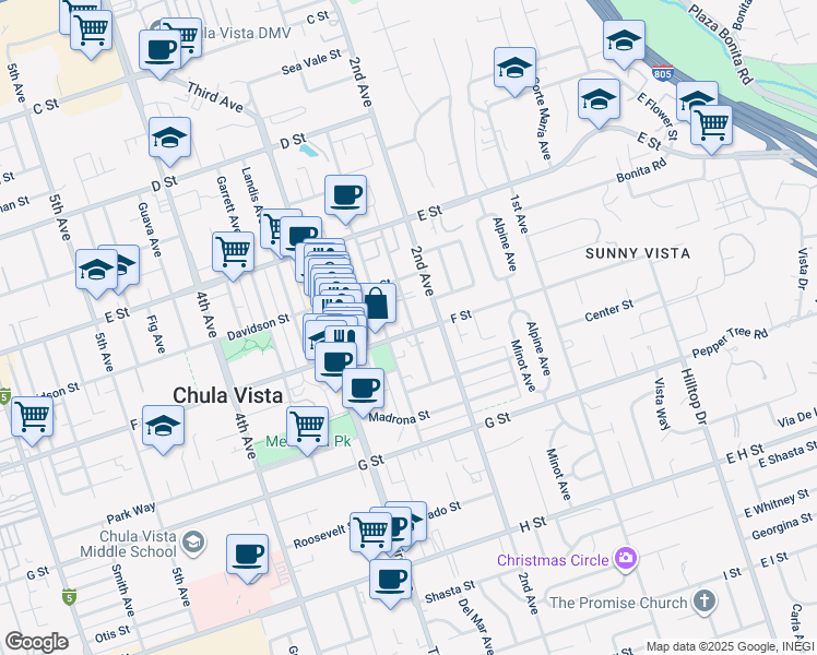 map of restaurants, bars, coffee shops, grocery stores, and more near 280 2nd Avenue in Chula Vista