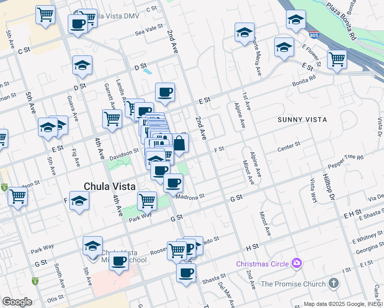 map of restaurants, bars, coffee shops, grocery stores, and more near 229 F Street in Chula Vista