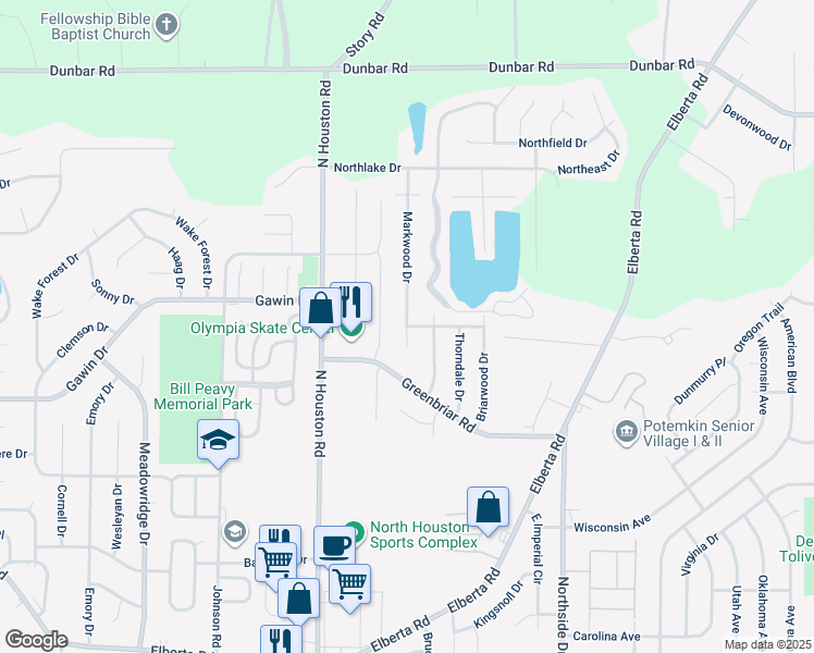 map of restaurants, bars, coffee shops, grocery stores, and more near 198 Markwood Drive in Warner Robins