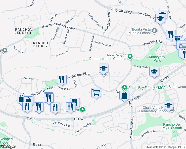 map of restaurants, bars, coffee shops, grocery stores, and more near 1105 Camino Biscay in Chula Vista
