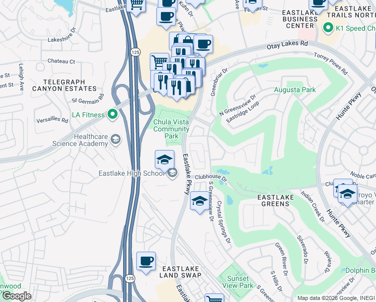 map of restaurants, bars, coffee shops, grocery stores, and more near 2254 Peachtree Circle in Chula Vista