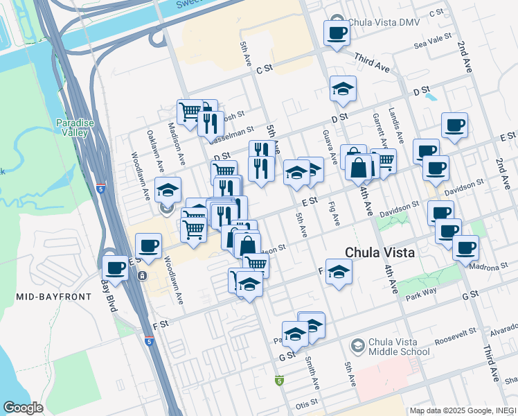 map of restaurants, bars, coffee shops, grocery stores, and more near 540 Flower Street in Chula Vista