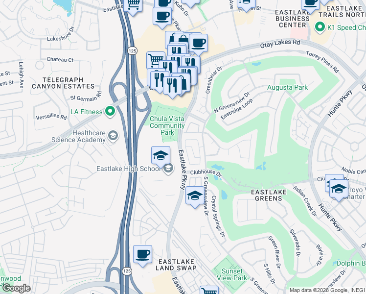 map of restaurants, bars, coffee shops, grocery stores, and more near 2254 Peachtree Circle in Chula Vista