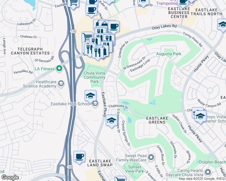 map of restaurants, bars, coffee shops, grocery stores, and more near 2272 Peachtree Circle in Chula Vista