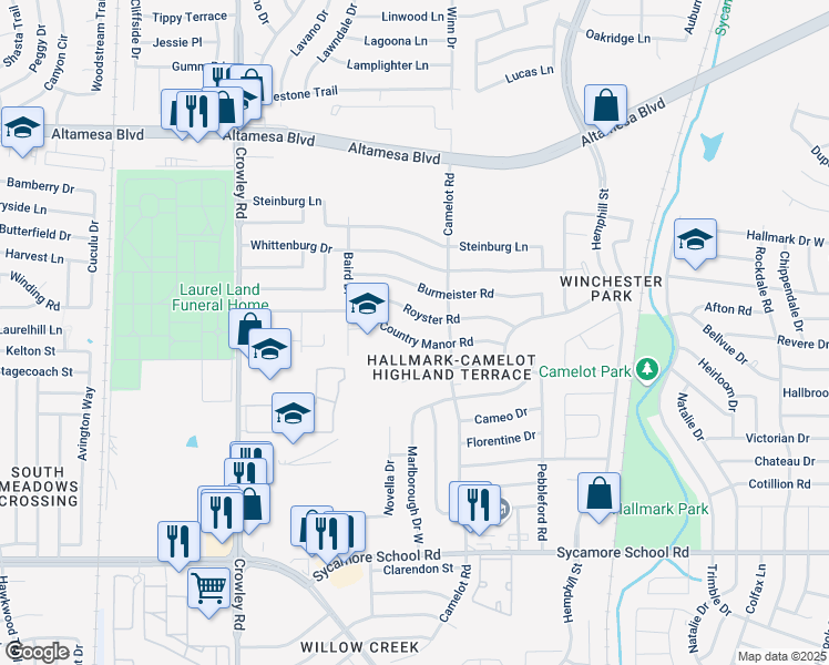 map of restaurants, bars, coffee shops, grocery stores, and more near 1404 Royster Road in Fort Worth