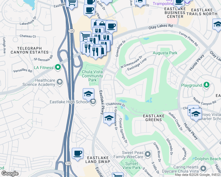 map of restaurants, bars, coffee shops, grocery stores, and more near 2272 Peachtree Circle in Chula Vista