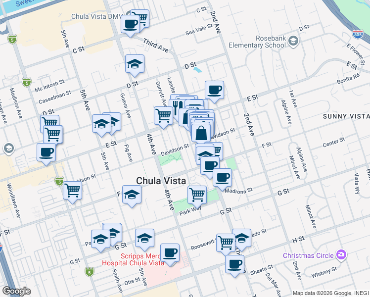 map of restaurants, bars, coffee shops, grocery stores, and more near 237 Garrett Avenue in Chula Vista
