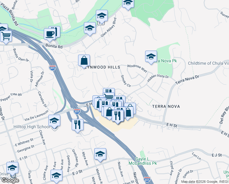 map of restaurants, bars, coffee shops, grocery stores, and more near 350 Windjammer Circle in Chula Vista