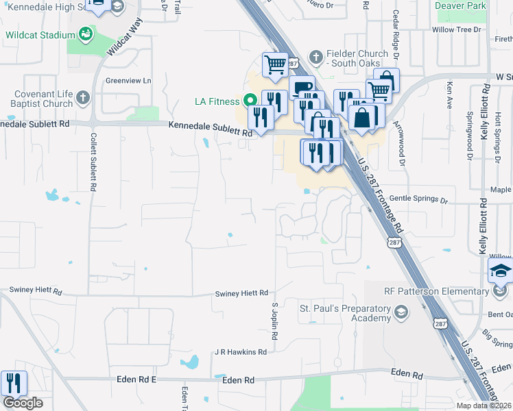 map of restaurants, bars, coffee shops, grocery stores, and more near 3208 Joplin Road in Kennedale