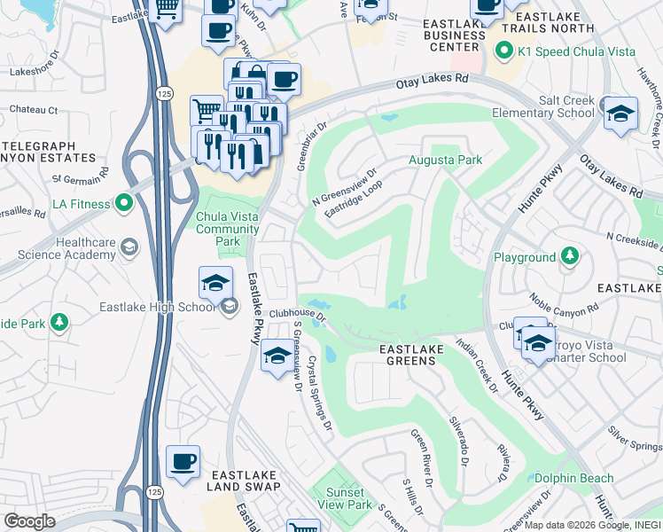 map of restaurants, bars, coffee shops, grocery stores, and more near 1075 Waterville Lake Road in Chula Vista