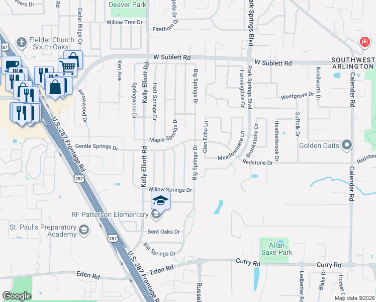 map of restaurants, bars, coffee shops, grocery stores, and more near 6301 Big Springs Drive in Arlington