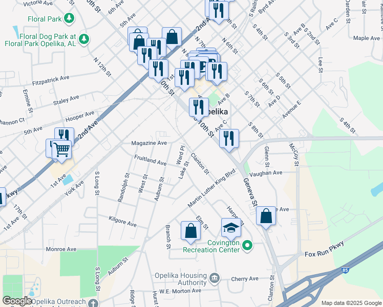 map of restaurants, bars, coffee shops, grocery stores, and more near 401 Clanton Street in Opelika