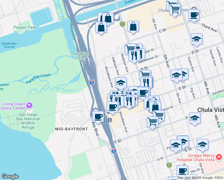 map of restaurants, bars, coffee shops, grocery stores, and more near 100 Woodlawn Avenue in Chula Vista