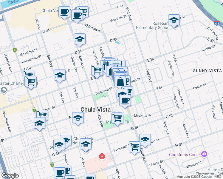 map of restaurants, bars, coffee shops, grocery stores, and more near 237 Garrett Avenue in Chula Vista