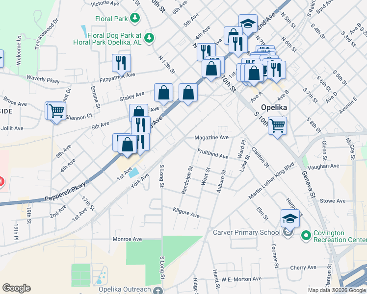 map of restaurants, bars, coffee shops, grocery stores, and more near York Avenue in Opelika