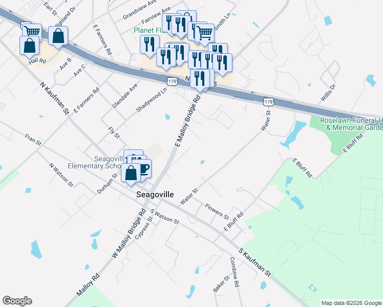 map of restaurants, bars, coffee shops, grocery stores, and more near 332 Lakey Road in Seagoville