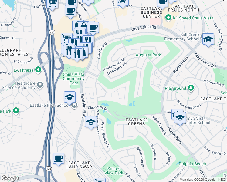 map of restaurants, bars, coffee shops, grocery stores, and more near 1075 Waterville Lake Road in Chula Vista