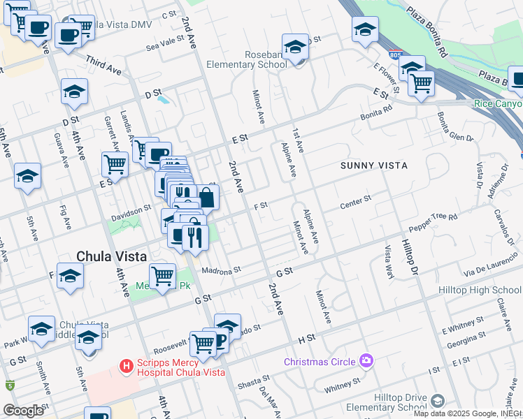 map of restaurants, bars, coffee shops, grocery stores, and more near 177 F Street in Chula Vista