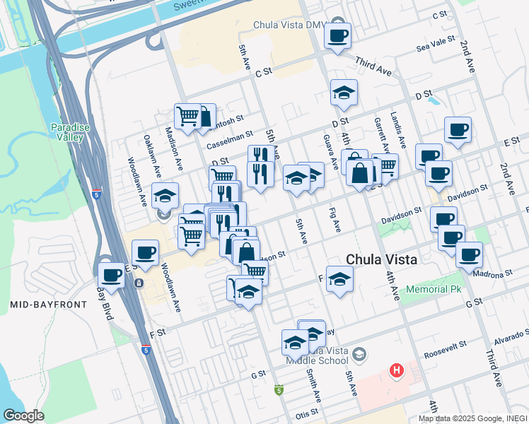 map of restaurants, bars, coffee shops, grocery stores, and more near 540 Flower Street in Chula Vista