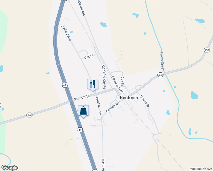 map of restaurants, bars, coffee shops, grocery stores, and more near 310 East Railroad Avenue in Bentonia