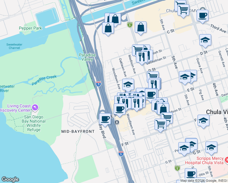 map of restaurants, bars, coffee shops, grocery stores, and more near 100 Woodlawn Avenue in Chula Vista