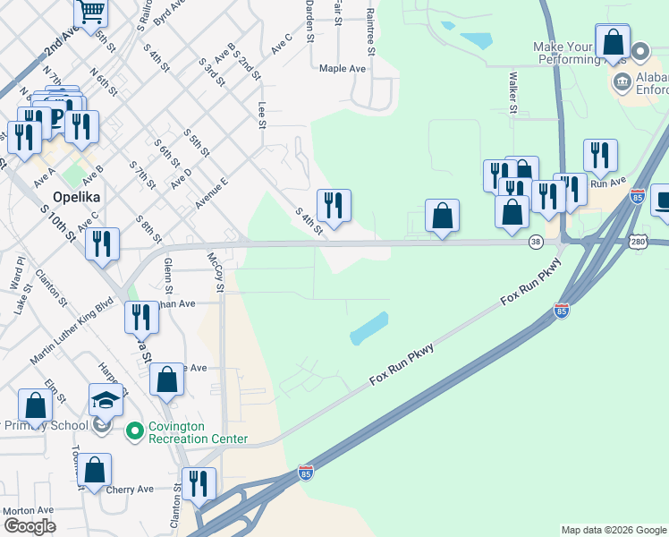 map of restaurants, bars, coffee shops, grocery stores, and more near 401 Columbus Parkway in Opelika