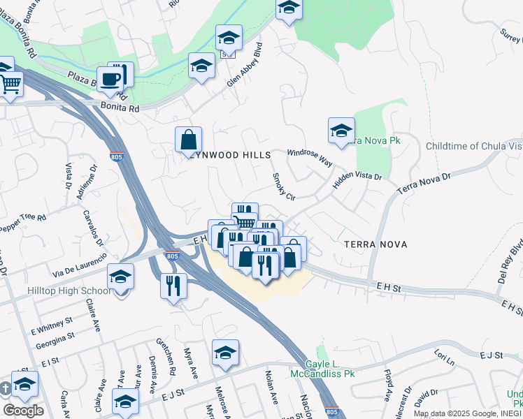 map of restaurants, bars, coffee shops, grocery stores, and more near 340 Windjammer Circle in Chula Vista