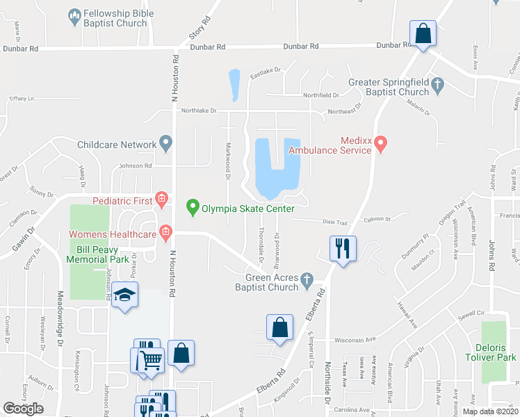 map of restaurants, bars, coffee shops, grocery stores, and more near 106 Hollydale Drive in Warner Robins