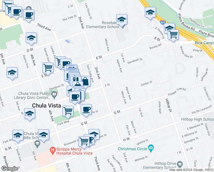 map of restaurants, bars, coffee shops, grocery stores, and more near 186 1/2 F Street in Chula Vista