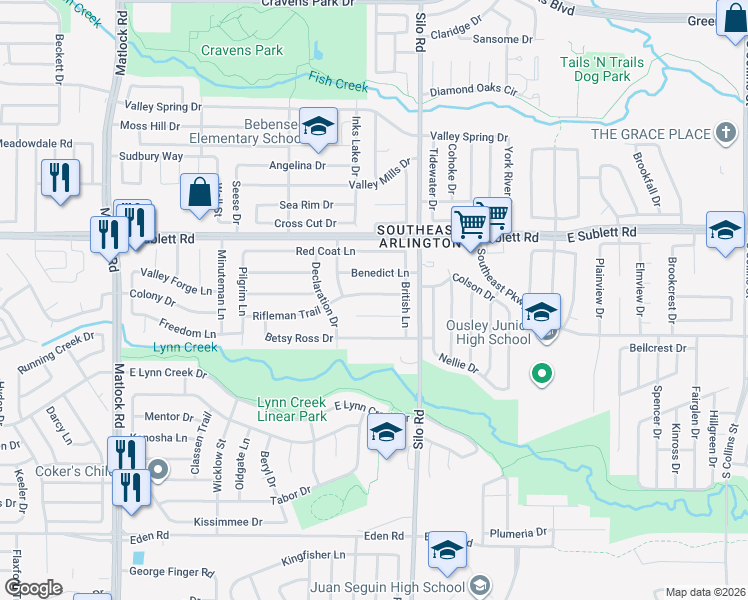 map of restaurants, bars, coffee shops, grocery stores, and more near 605 Rifleman Trail in Arlington