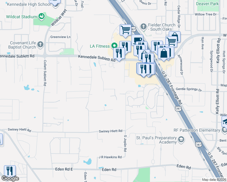 map of restaurants, bars, coffee shops, grocery stores, and more near 1405 Derby Drive in Kennedale