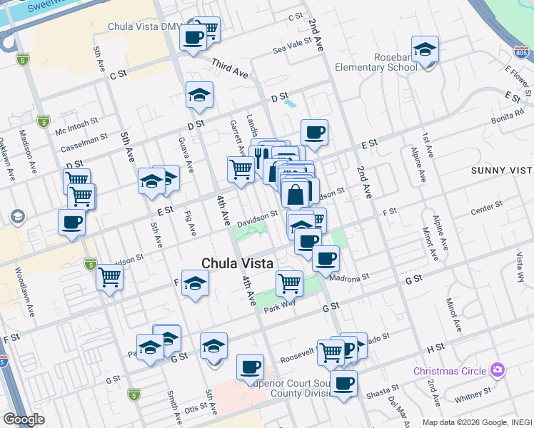 map of restaurants, bars, coffee shops, grocery stores, and more near 249 Garrett Avenue in Chula Vista