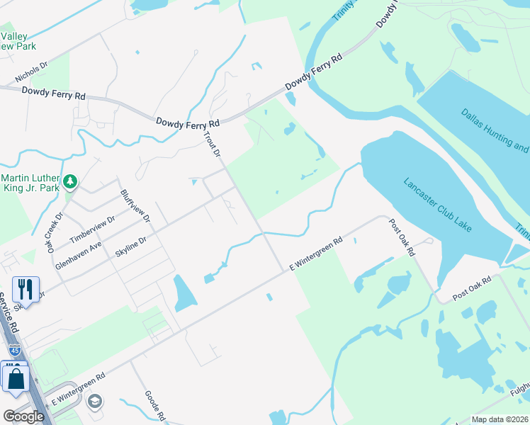 map of restaurants, bars, coffee shops, grocery stores, and more near 1528 Trout Drive in Hutchins