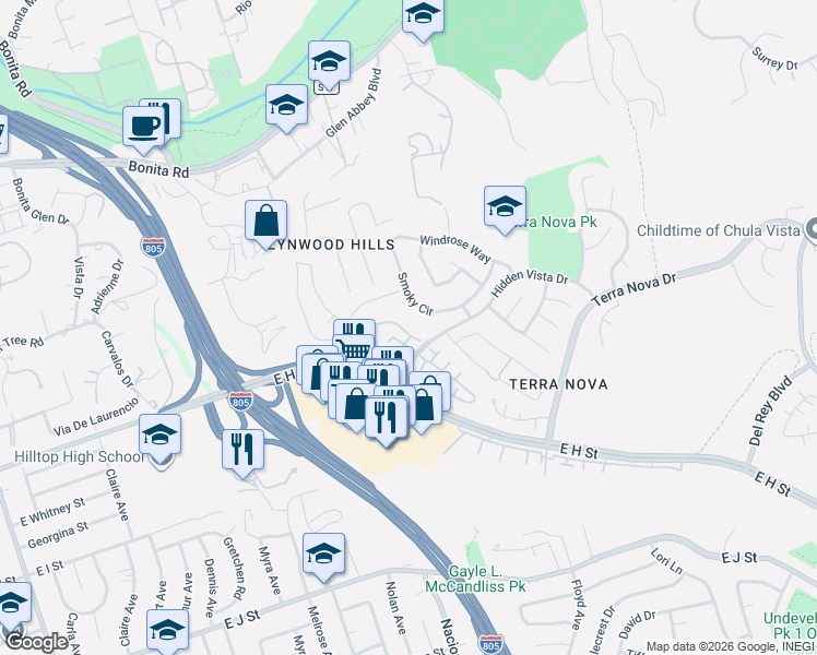 map of restaurants, bars, coffee shops, grocery stores, and more near 409 Windjammer Circle in Chula Vista