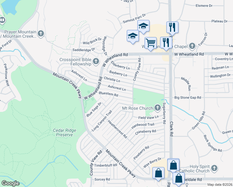 map of restaurants, bars, coffee shops, grocery stores, and more near 7323 Bluestem Road in Dallas
