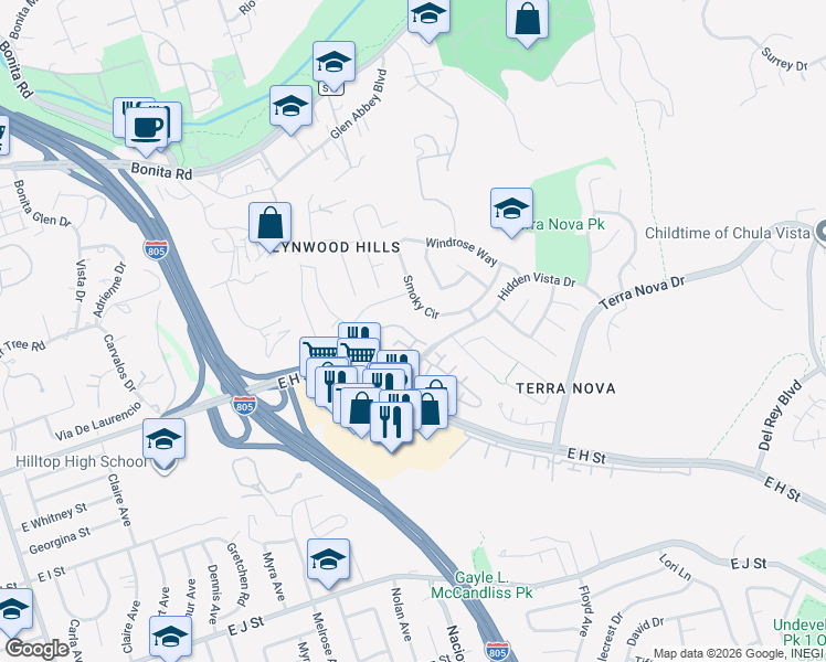 map of restaurants, bars, coffee shops, grocery stores, and more near 452 Smoky Circle in Chula Vista
