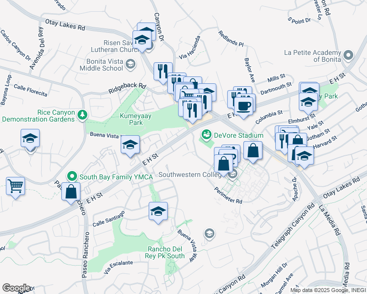 map of restaurants, bars, coffee shops, grocery stores, and more near 1435 Eagle Peak Court in Chula Vista
