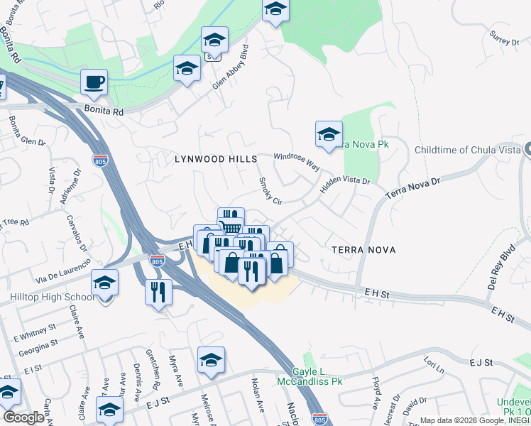 map of restaurants, bars, coffee shops, grocery stores, and more near 452 Smoky Circle in Chula Vista