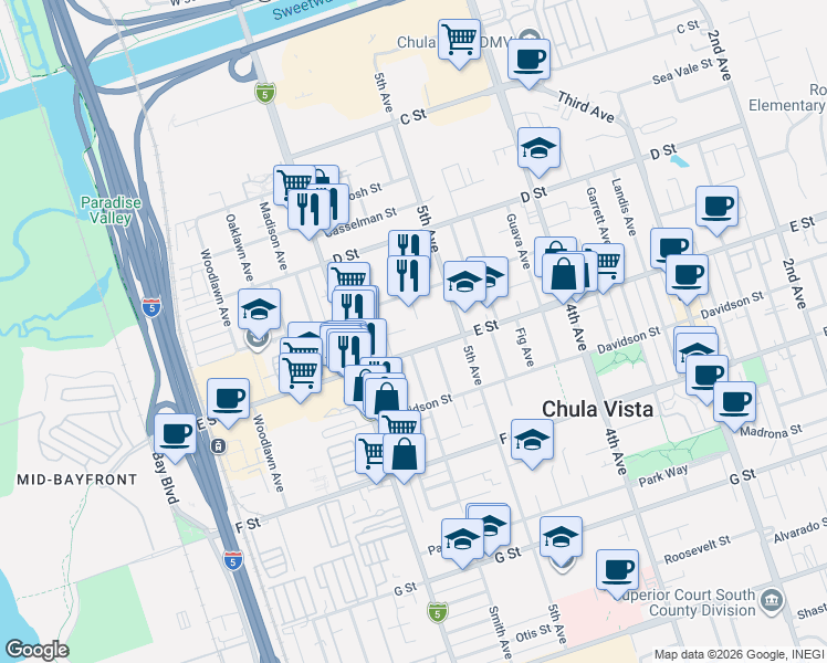 map of restaurants, bars, coffee shops, grocery stores, and more near 540 Flower Street in Chula Vista