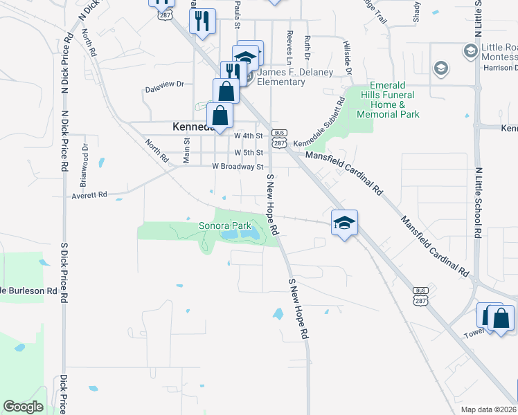 map of restaurants, bars, coffee shops, grocery stores, and more near 121 Mansfield Avenue in Kennedale