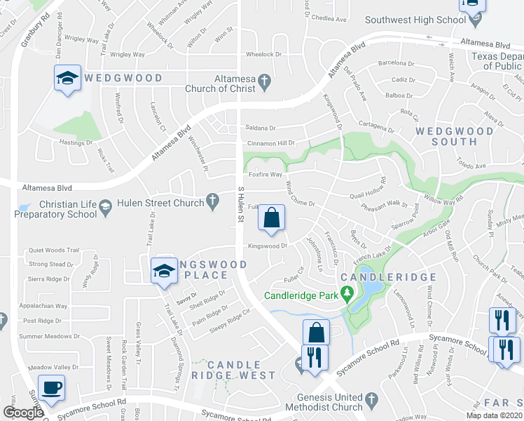 map of restaurants, bars, coffee shops, grocery stores, and more near 7107 Fuller Circle in Fort Worth