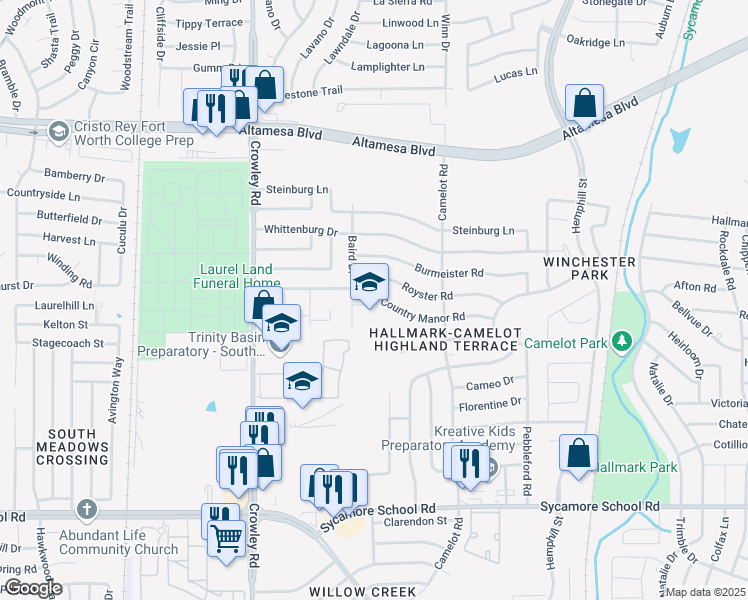 map of restaurants, bars, coffee shops, grocery stores, and more near 1601 Country Manor Road in Fort Worth